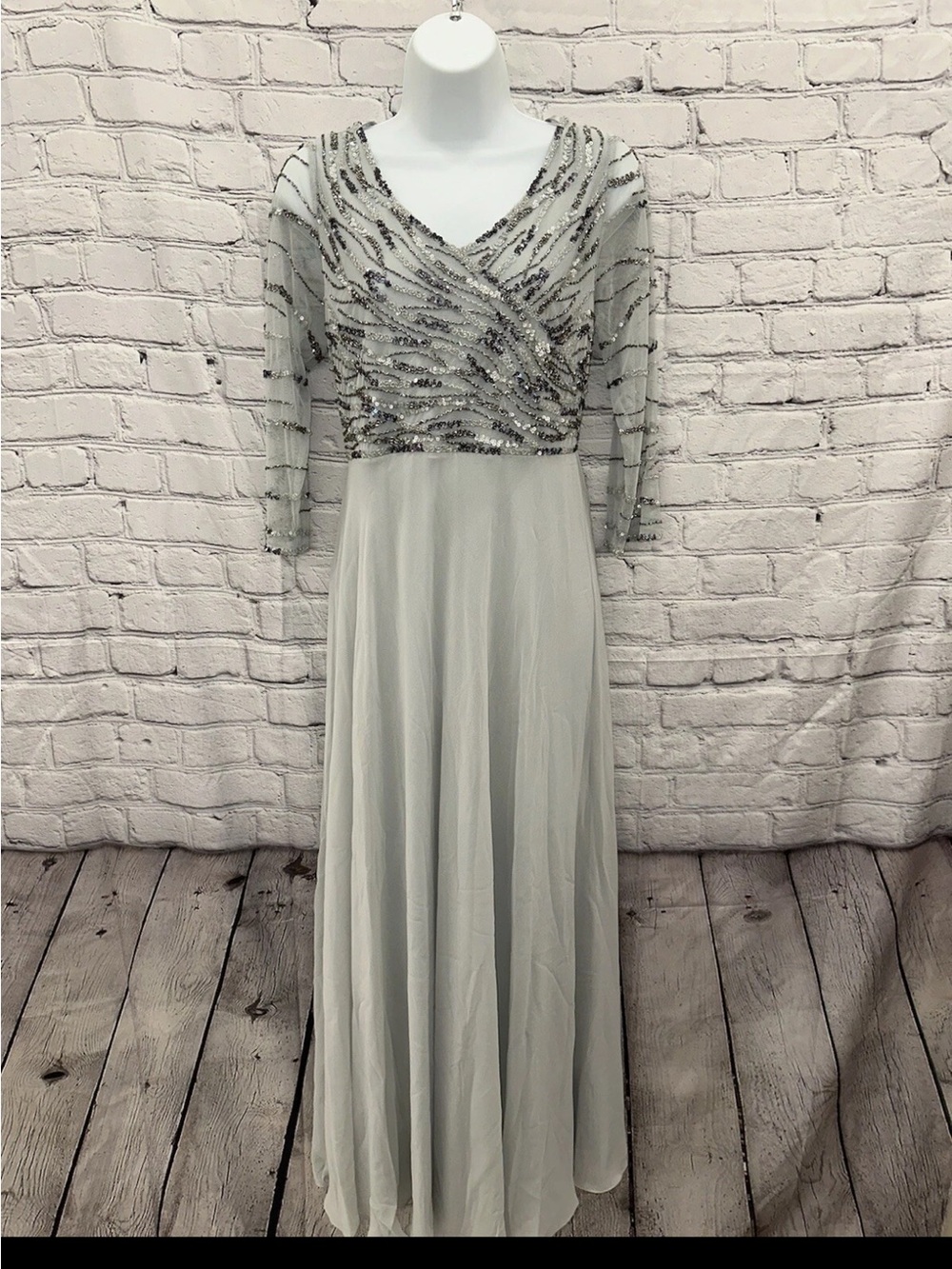 J Kara Silver Beaded V-Neck Maxi Dress